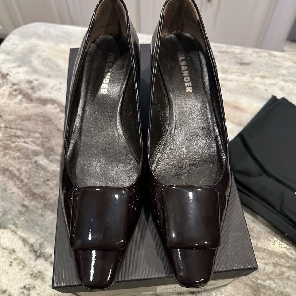 Vintage Jil Sander Burgundy Patent Leather Square-Toe Pumps – Size 8 – Italy
